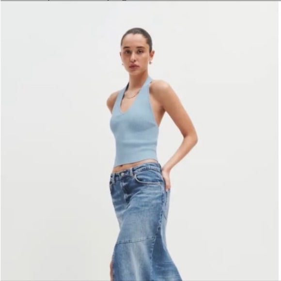 Reformation Carol Cotton Sweater Tank Ribbed Halter Crop Top Mineral Blue - Picture 5 of 13